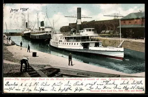 AK Newport News, VA, Raddampfer Louise und zwei weitere Passagierschiffe im Trockendock