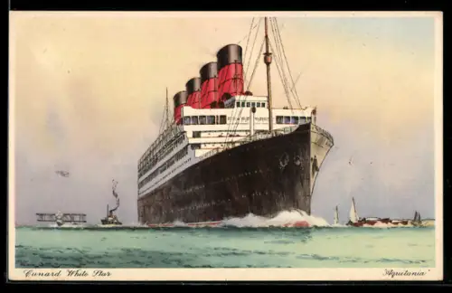 AK Passagierschiff Aquitania in Bugansicht, daneben Wasserflugzeug und Motorboote