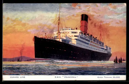 Künstler-AK Britisches Passagierschiff RMS Franconia der Cunard Line in der Abenddämmerung
