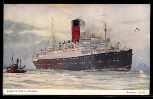 AK Passagierschiff RMS Ascania der Cunard Line in Fahrt vor Leuchtturm