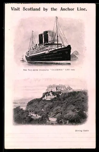AK Passagierschiff Caledonia der Anchor Line in Küstennähe, Ansicht von Stirling Castle
