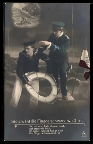 AK Matrose und Offizier der Kaiserlichen Marine beim Auswerfen von Rettungsring