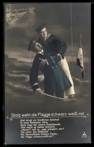 AK Matrose und Offizier der Kaiserlichen Marine mit Reichskriegsflagge