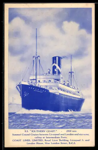 AK Coast Lines Passagierschiff S.S. Southern Coast, Bugansicht