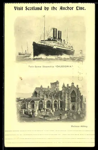 AK Passagierschiff Caledonia der Anchor Line auf hoher See, Melrose Abbey