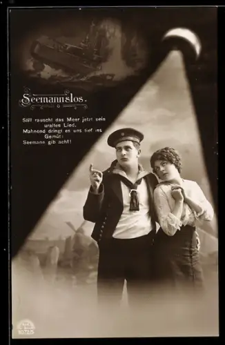 AK Matrose des Kriegsschiffes S.M.S. Oldenburg mit seiner Liebsten, untergehendes Kriegsschiff