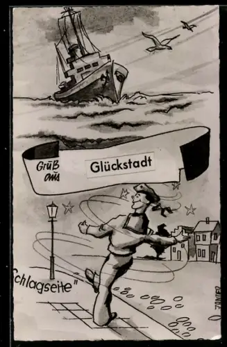 AK Matrose der Bundesmarine betrunken auf dem Trottoir, Minensuchboot der Bundesmarine