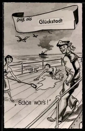 AK Matrose der Bundesmarine sieht Frau und Kind beim Deckschrubben zu