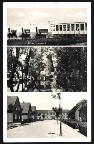 AK Lahde a. d. Weser, Weserstauwerk, Aue mit alter Mühle, Neue Schule