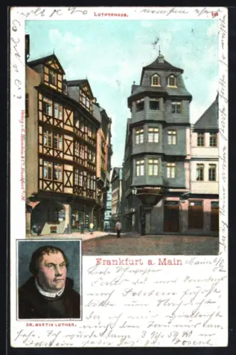 AK Alt-Frankfurt, Lutherhaus, Fachwerkhäuser, Dr. Martin Luther im Porträt