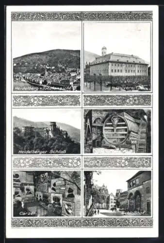 AK Heidelberg, Totansicht, Universität, Heidelberger Schloss, Carzer, Schlosshof, grosses Fass