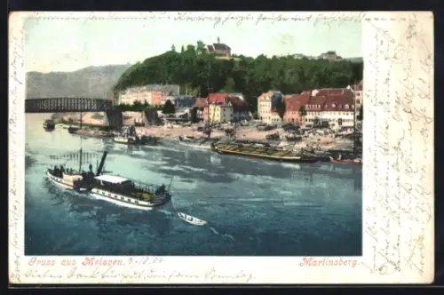 AK Meissen, Elbe mit Blick auf Martinsberg und Dampfer