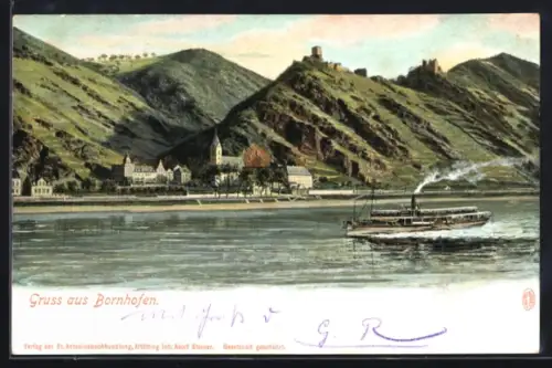 AK Bornhofen, Ortsansicht mit Dampfer