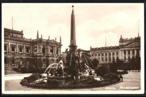AK Leipzig, Mende-Brunnen mit Strassenpartie