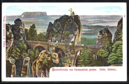 Künstler-AK Bastei /Sächs. Schweiz, Basteibrücke vom Ferdinandstein gesehen
