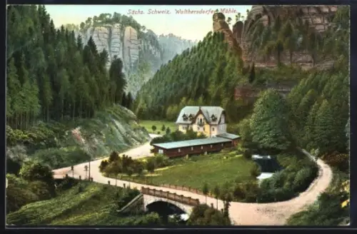 AK Walthersdorf, Sächs. Schweiz, Blick auf die Walthersdorfer Mühle