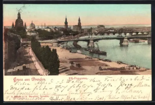 AK Dresden, Elb-Panorama und Strassenpartie mit Strassenbahn