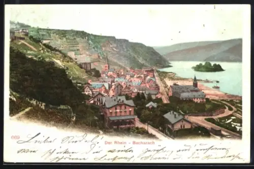 AK Bacharach, Hotel Herbrecht, Bahnhof und Rheinansicht