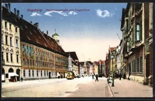 AK Augsburg, Maximilianstrasse mit Fuggerhaus, Strassenbahn