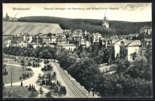 AK Wiesbaden, Nerotal-Anlagen mit Griech. Kapelle und Neroberg
