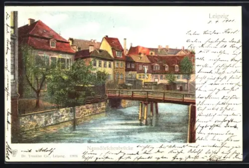 AK Leipzig, Naundörfchenbrücke mit Flusspartie