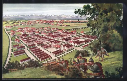 Künstler-AK Stetten a. K. M., Truppenübungsplatz Heuberg, Barackenlager