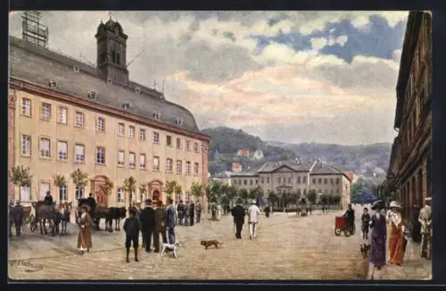 Künstler-AK Heidelberg, Ludwigplatz, Universität, Kollegienhaus