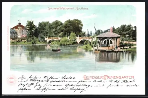 AK Leipzig, Grosser Weiher mit Boothaus im Palmengarten, Ruderboot