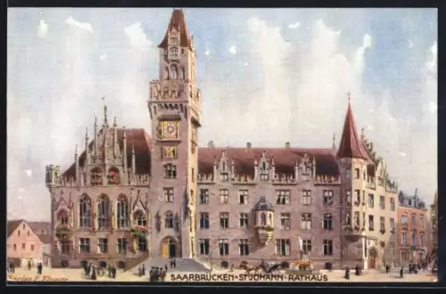 Künstler-AK Charles F. Flower: Saarbrücken, St. Johann Rathaus