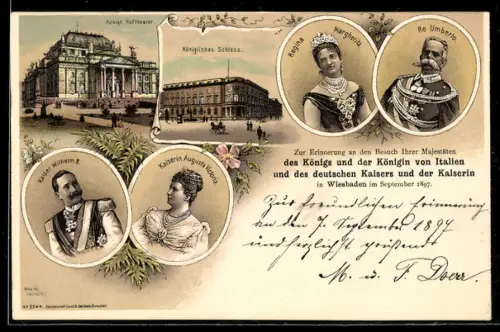 Lithographie Wiesbaden, König Umberto und Königin Margherita von Italien, Kaiser Wilhelm II. und Augusta Victoria