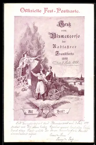 Künstler-AK Frankfurt, Festpostkarte Blumencorso der Radfahrer 1898