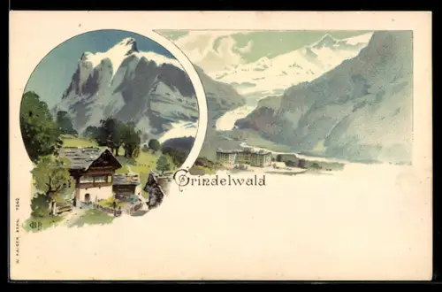 Lithographie Grindelwald, Hotel und Gebirgspanorama
