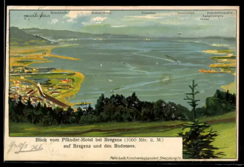 Lithographie Bregenz, Blick vom Pfänder-Hotel auf Bregenz und den Bodensee