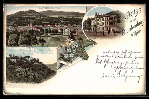 Lithographie Blankenburg / Th., Ortsansicht, Hotel Chrysopras und Ruine Greifenstein
