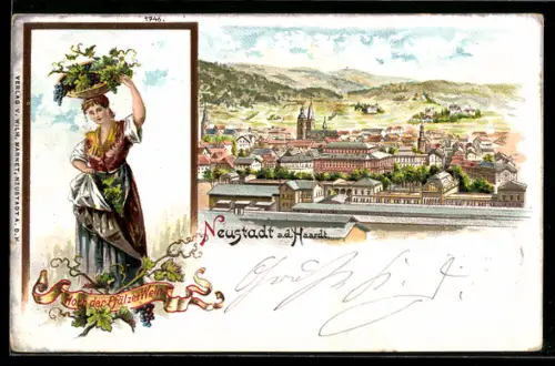 Lithographie Neustadt, Blick auf den Ort, Frau bei der Weinlese, Hoch der Pfälzer Wein