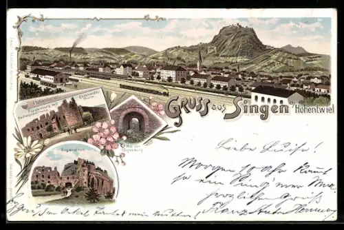 Lithographie Singen, Ortsansicht mit Bahnhof, Fürstenburg mit Hedwigswohnung, Eugensthor, Hof der Fürstenburg
