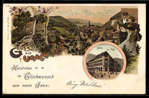 Lithographie Urach, Hotel zur Post, Stadtansicht vom Berg aus