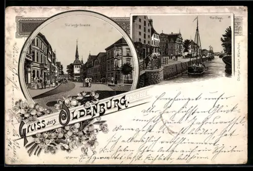 Lithographie Oldenburg, Lange Strasse mit Kirche, Der Stau