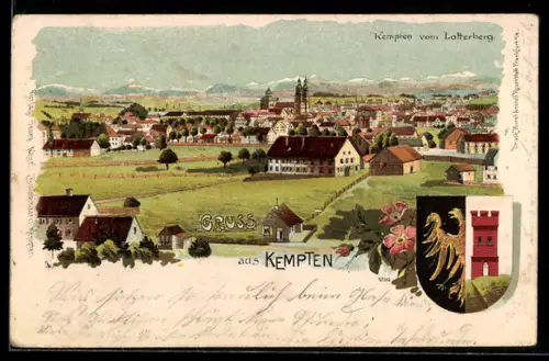 Lithographie Kempten, Ortsansicht vom Lotterberg aus, Wappen