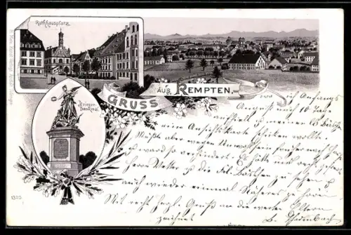 Lithographie Kempten, Krieger-Denkmal, Rathausplatz, Gesamtansicht