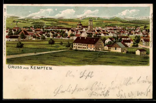 Lithographie Kempten, Gesamtansicht mit Bergpanorama aus der Vogelschau