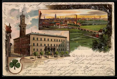 Lithographie Fürth / Bayern, Rathaus, Ortsansicht mit Viadukt, Kleeblatt-Wappen