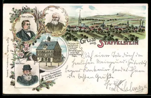 Lithographie Staffelstein, Ortsansicht, Ivo, Victor v. Scheffel, Adam Riese, Rathaus