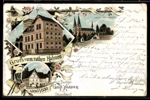 Lithographie Düsseldorf, Gasthaus zum roten Hahnen, Kirche von Arensberg, Ortspartie