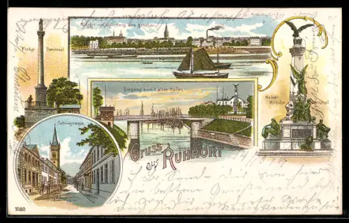 Lithographie Ruhrort, Fabrikstrasse, Eingang zum Kaiserhafen, Kaiser-Wilhelm Denkmal, Finke Denkmal, Ufer-Partie