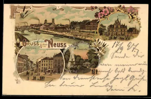 Lithographie Neuss, Bahnhof, Promenade, Marktplatz