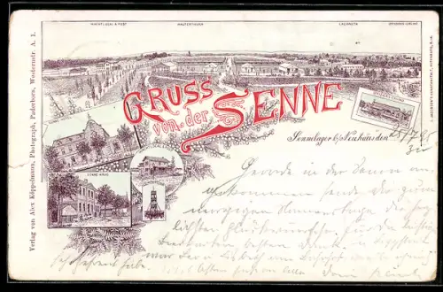 Vorläufer-Lithographie Senne, 1895, Senne-Hotel, Gasthaus Senne-Krug, Wachtlokal & Post