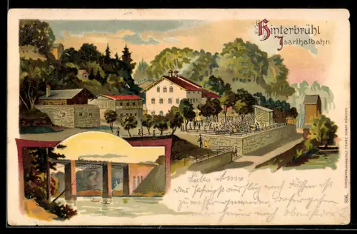 Lithographie München, Hinterbrühl, Gasthaus, Eisenbahnbrücke der Isarthalbahn