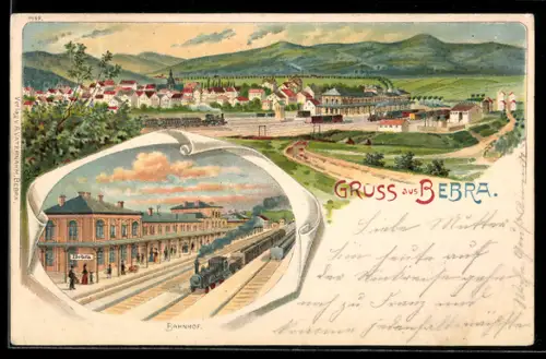 Lithographie Bebra, Bahnhof mit Dampflokomotive, Ortsansicht mit Bahnhof