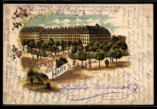 Lithographie Halle / Saale, Blick auf die Francke`schen Stiftungen